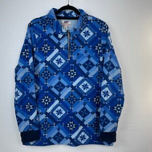 Lands' End Womens L Tall 14-16 1/4 Zip Pullover Geometric Blue Print
